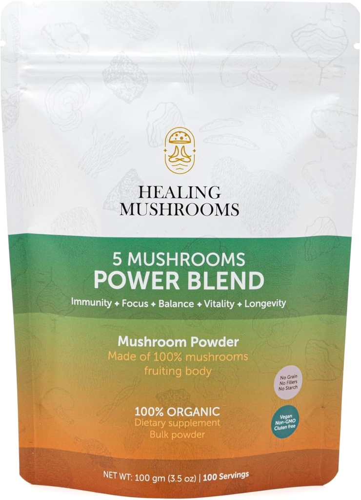 5 Huby Power Bland, Organic Powder with Lions Mane, Reishi, Cordyceps, Turkey Tail, Chaga. 100 gramov