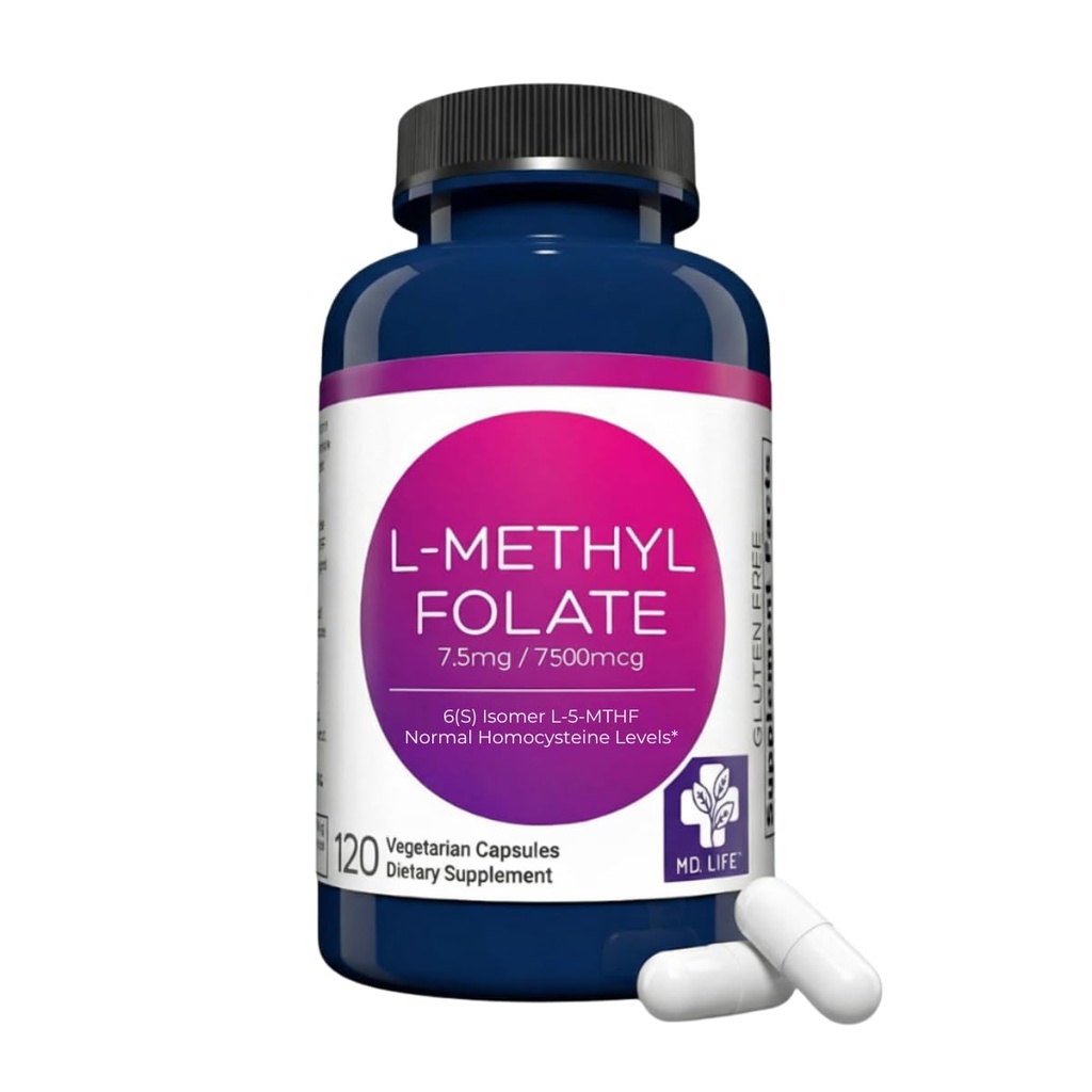 MD Life L-metylfolát 7,5 mg doplnok - Profesionálne-stupeň aktívny L metylfolát doplnok - 120 kapsuly - L-metylfolát 7,5 mg - maximálna potencia MTHFR W/Essential Amino Acides