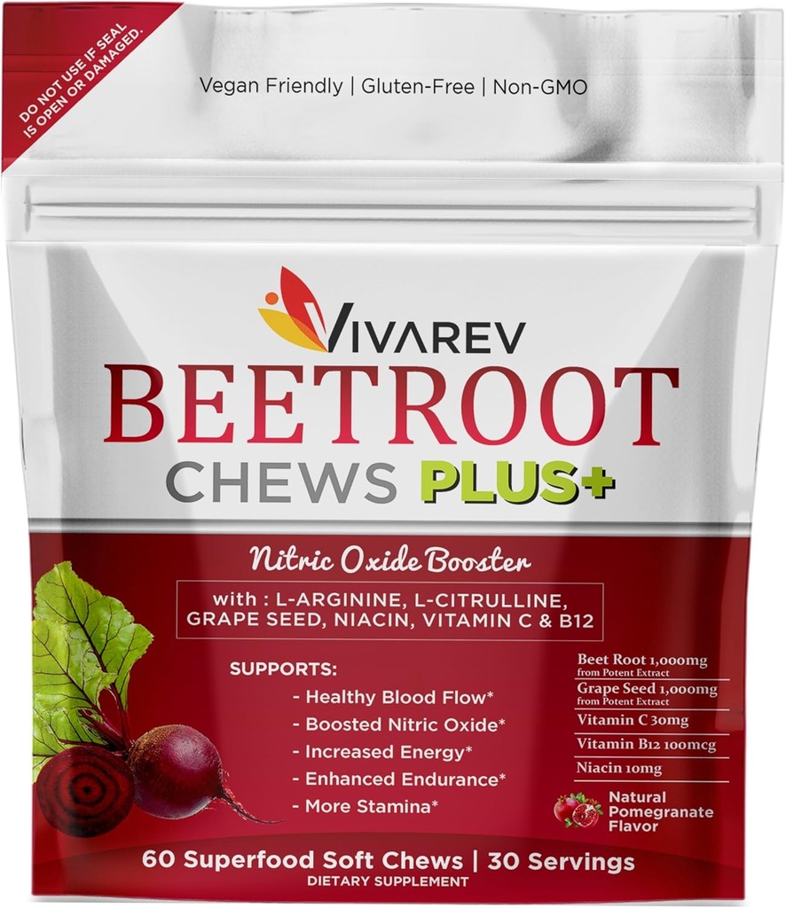 Supplement dusnatý oxid cviklový - 1000 mg repného prášku s L arginínom, L citrulínom, extraktom z hroznových semien, niacínom, vitamínom C & B12 - chuchy na repu - balenie 60 kusov