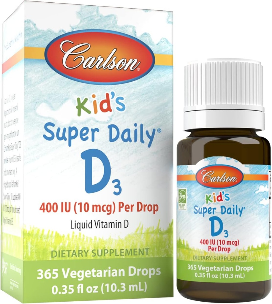 Carlson - Detský Super Daily D3, Kvapky vitamínu D pre deti, 400 IU (10 μg) na kvapku, Zdravie srdca, Imunitná podpora, Vegetariánska, Tekuté vitamín D kvapky, Neochutené, 365 kvapky