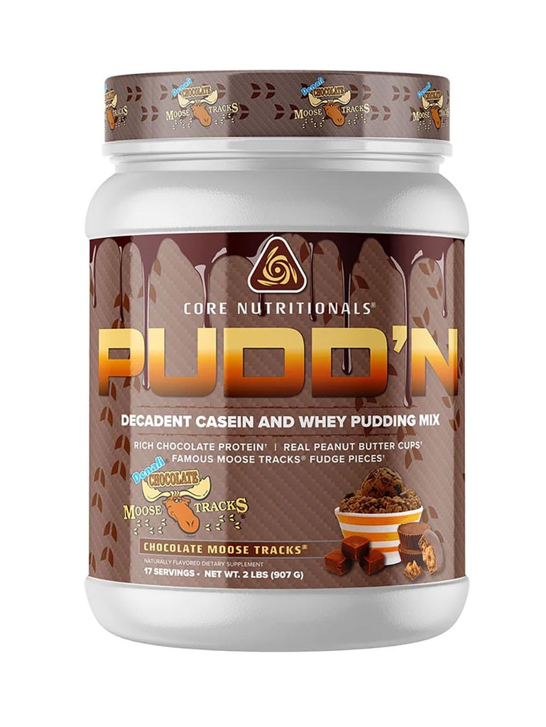 Core Nutritionals Pudd'n, Decadent Protein Pudding Mix, Full Releasement Casein Blend, Trvalé uvoľnenie, 20G Protein, 17 Servings (Cocolate Moose Tracks, 2 lb)