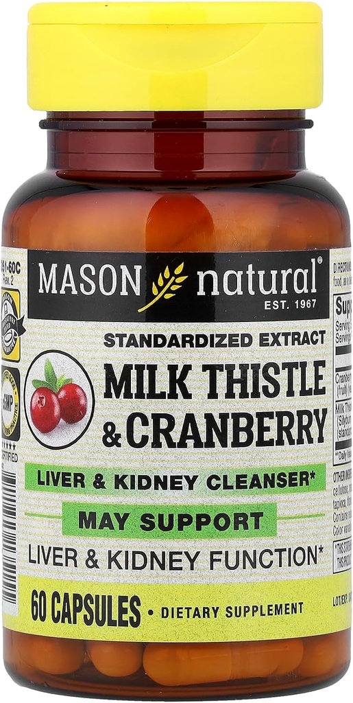 Mason Vitamíny Milk Thistle/Cranberry Pečeň a obličky Čistič kapsuly, 60 Počet