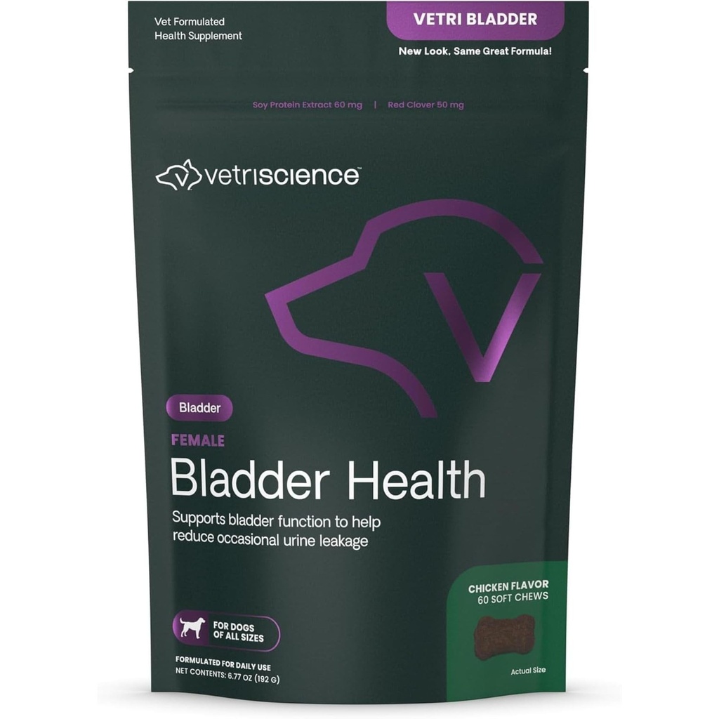 VETRISCIENCE Bladder Health Chews, Vetri Bladder Supplement for Psy, Incontinence Support, Reduce Urine Leakage and Overactive Bladder, Soy Protein and Red Clover, Chicken, 60 Count