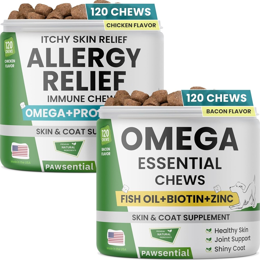 Alergia Relief Pes žuvačky + Omega Rybí olej - Svrbiaca koža Relief w/Probiotiká + Omega 3 + Colostrum, Omega Skin & Coat Supplement Chews