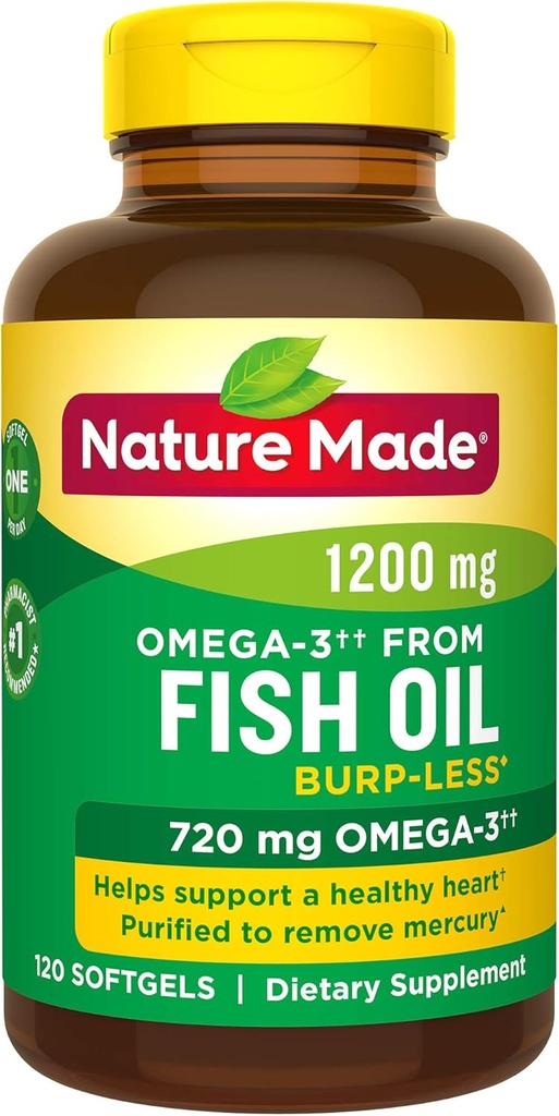 Burp-Less Fish Oil 1200 mg One Per day, 120 Softgels, Fish Oil Omega 3 Supplement for heart Health