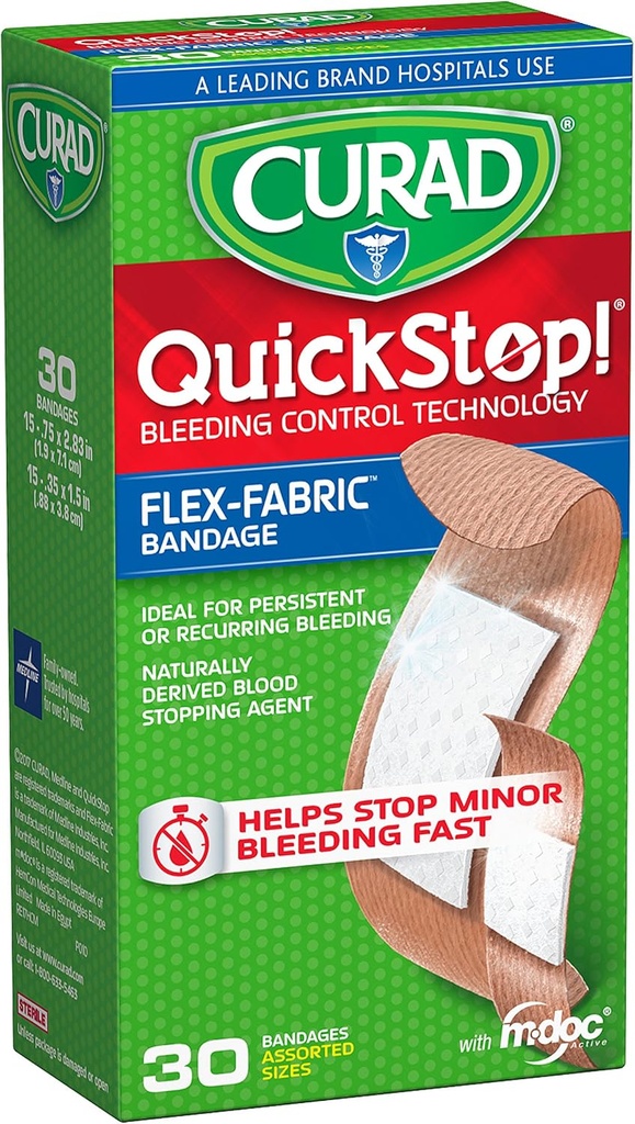CURAD QuickStop Krvácanie Control Flexibilné tkaniny pásy, Roztriedené veľkosti, 30 Počet