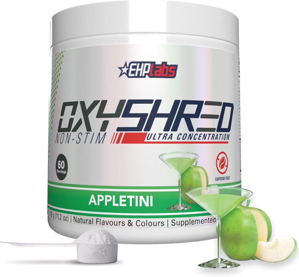 EHP Labs OxyShred Non stimulant Pre Cvičenie Powder - Stim Free Pre Cvičenie, Caffeine Free Preworkout pre mužov a ženy s L Glutamine & Acetyl L Carnitine - Apple, 60 Servings