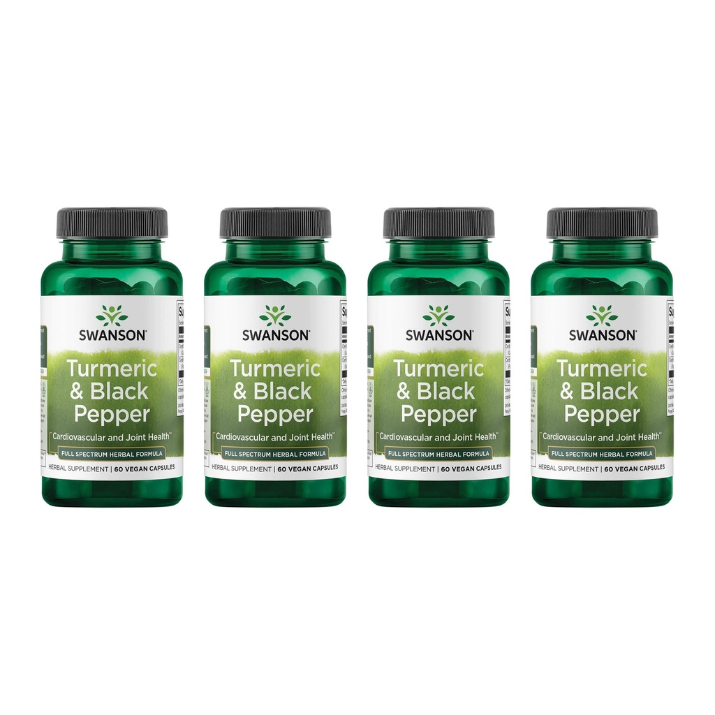 Swanson Turmeric & Black Pepper - Organic Joint Health, Heart Health, Digestion, & Pečeň podpora doplnok - Prírodný vzorec pre zvýšenú biologickú dostupnosť a absorpciu - (60 Veggie Kapsule) 4 balenie