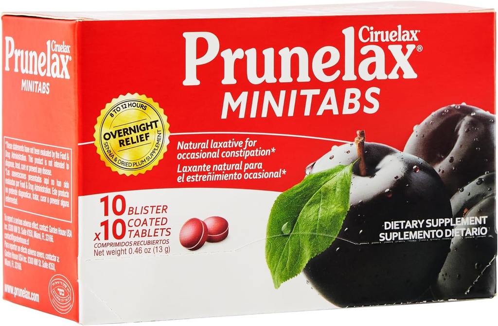 Prun relax Cirulax Pravidelná sila Laxative Mini tablety - Jednodňová úľava pre príležitostné zápcha, Senna extrakt, Vegan & Gluten-free, nežná úľava - 100ct