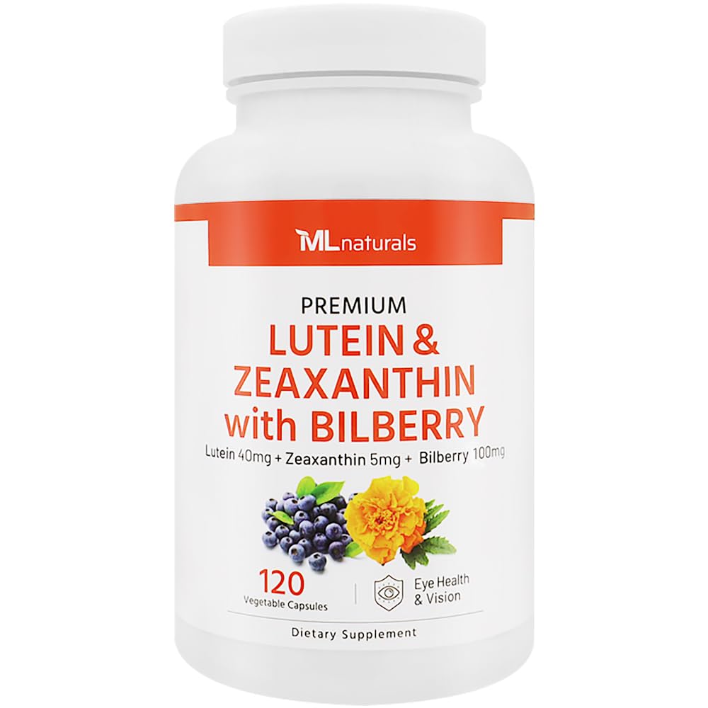 ML Naturals Premium Lutein & Zeaxantin s čučoriedkami 120 Rastlinné kapsule. luteín 40 mg, zeaxantín 5 mg a čučoriedky 100 mg. Prémiová kvalita. Zdravé oči a vízia, NSF-Certifikované a cGMP-Compliant