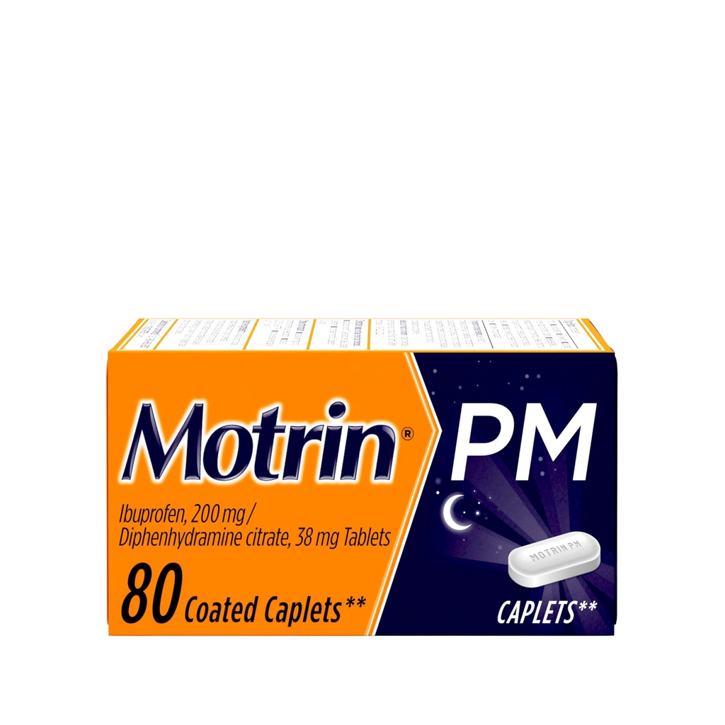 Motrin PM Caplets s 200 mg Ibuprofenu & 38 mg Difenhydramine Sleep Aid, Nighttime Pain Reliever for Minor Aches & Pains, hromadne, 80 ot