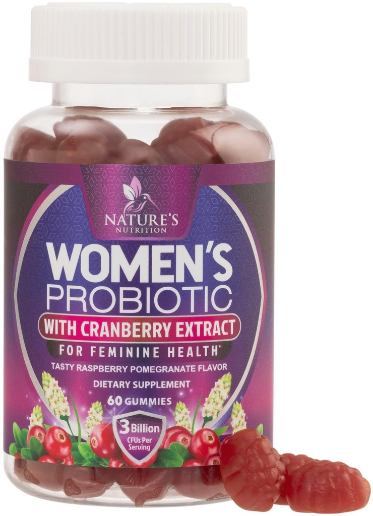 Probiotiká pre ženy Gumies s brusnicou - 6 Prémiové kmene pre PH Balance, Tráviace zdravie, Vaginálna a imunitná podpora, 3 miliardy CFU, Probiotická Gummy pre Feminine Health - 60 Gumiem