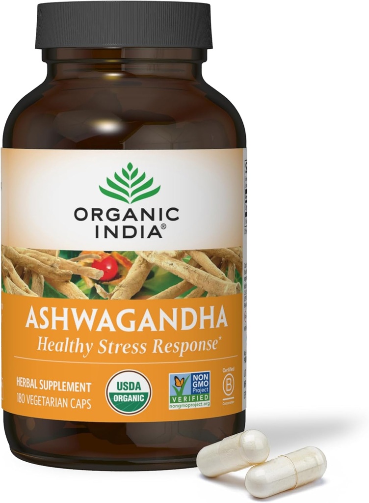 ORGANICKÉ INDIA Ashwagandha Kapsule - Organické Ashwagandha Supplement - Vegan Ashwagandha Root, Gluten-free, Kosher, Non-GMO, podporuje zmiernenie stresu, energie a spánku - 180 Kapsule