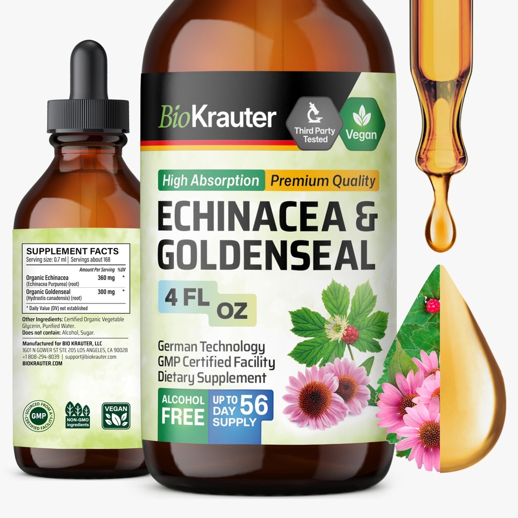 BIO KRAUTER Echinacea a Goldenseal Root Liquid Extract - Natural Immune Support - Echinacea kvapky s Goldenseal - Vegan, Alkohol a cukor bez tinktúry - 4 Fl.Oz.