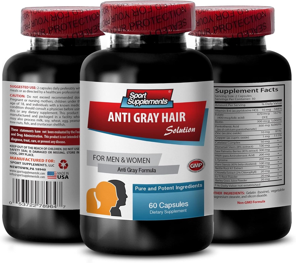 Catalase Complex Anti-Gray Hair pilulky - ANTI-GRAY HAIR SOLUTION - Výkonný Antioxidant pre rast vlasov, udržiavať prírodné vlasy farby, zabrániť šediace, Essential Nutrients, 1 fľaša, 60 Kapsule