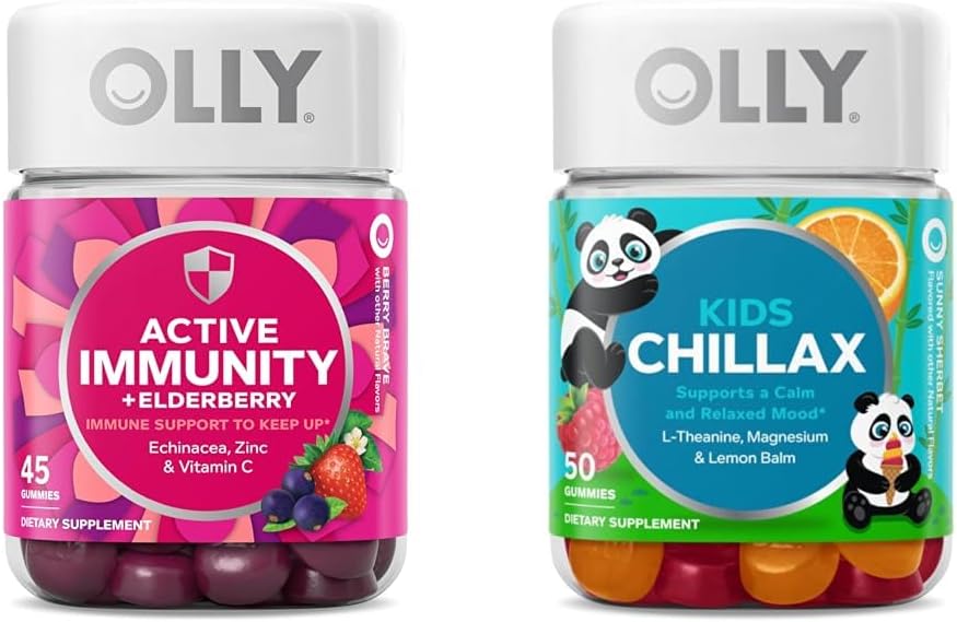 OLLY Gummy Active Imunity+Elderberry, 45 Gummy Deti Chillax, Magnézium Gummies, Lemon Balm, Pokojné žuvačky pre deti 4+, 50 Počet
