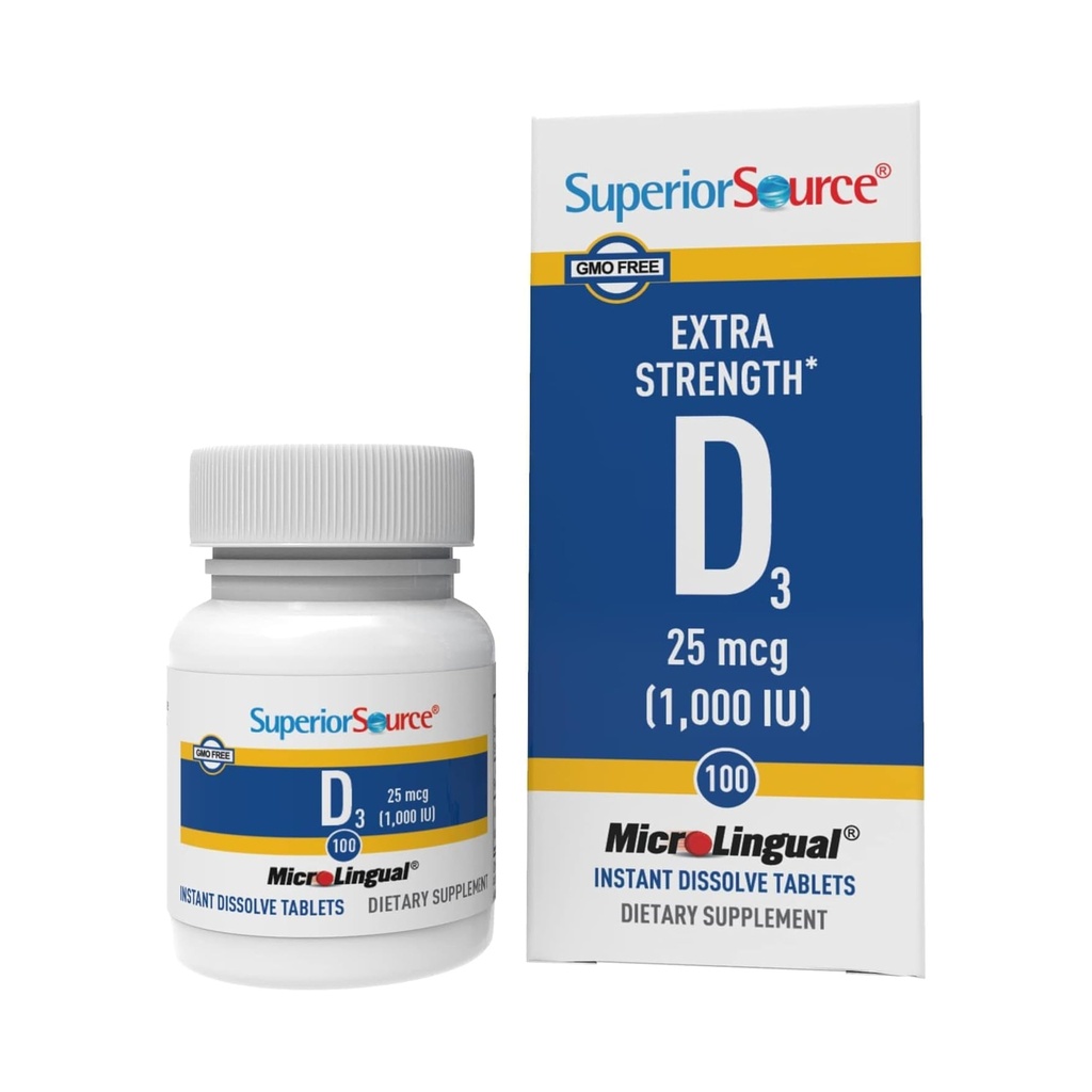 Superior Zdroj Vitamín D3 1000 IU - Ponuky Imunitný systém, Podpora mozgu a nervového systému - Pomocou absorpcie vápnika pre zdravie zubov a kostí - Bariatric Friendly - 100 Sublingválne Dissolvačné tablety