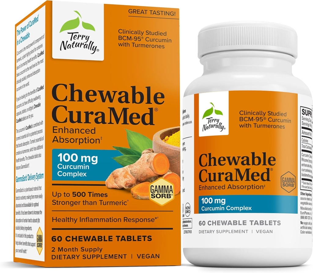Terry Naturally CuraMed 100 mg Curcumin Complex - Enhanced Absorption Curcumin Supplement with Turmeric - Brain & Liver Health Support Supplement - Vegan Dietary Supplement - 60 Chewable Tablets