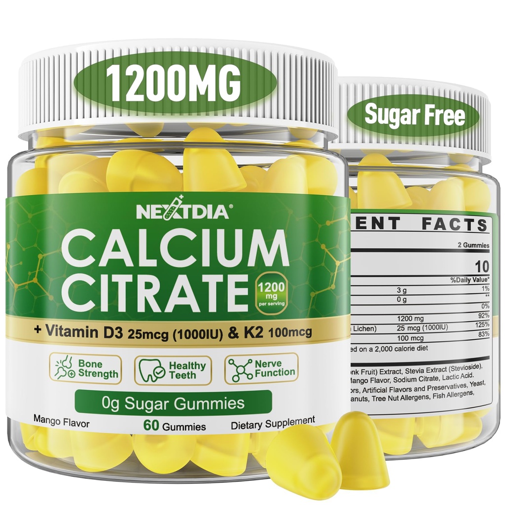 Dusičnan vápenatý 1200 mg s vitamínom D3 K2, žuvacie kalcium doplnky pre ženy a mužov, podpora vysokej potencie B0ne, Te*th, Sila a imunitné zdravie, Mango chuť, non-GMO, bez cukru, 120 Cts