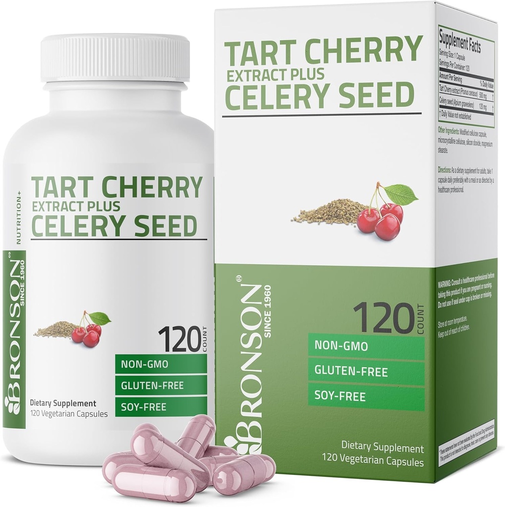 Bronson Tart Cherry Extract + Zelerové semená Kapsule - Výkonná kyselina močová Čistenie, Spoločná podpora mobility a svalovej obnovy Dodatok - Non GMO Formula, 120 Vegetariánske kapsule
