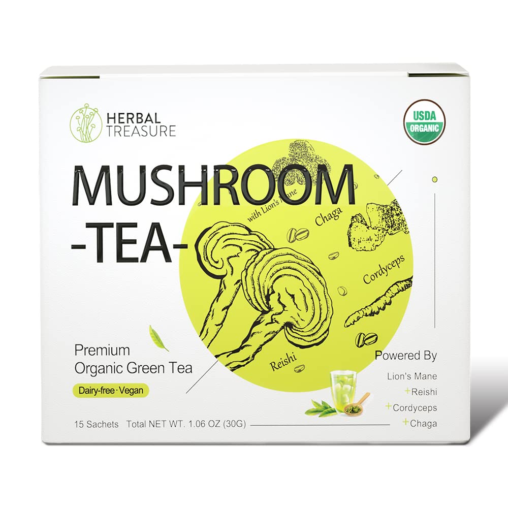 WL Bylinný poklad Huba zelený čaj s Lions mane Reishi Cordyceps Chaga 15 Count