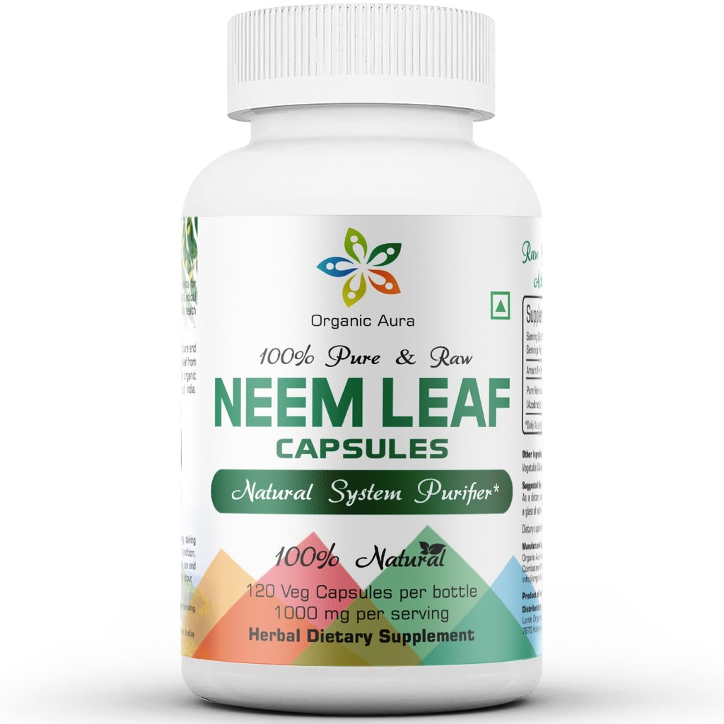 Organické kapsuly Aura Neem. 100% čistá a Silná. Raw Green Whole Superfood. Vyrobené s celým spektrom Neem Leaves. Zázrak detoxikačný agent.
