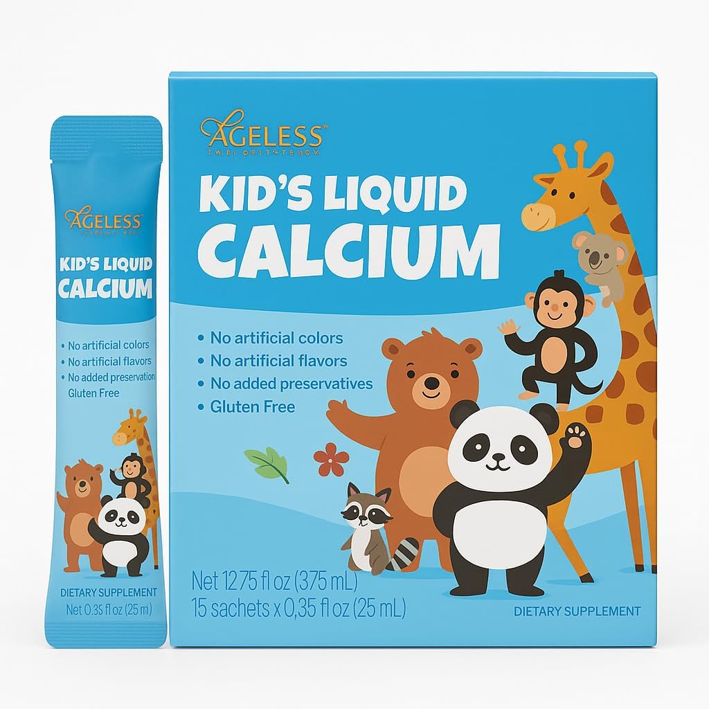 Ageless Kids Liquid Calcium Supplement, to Growing Kosti, Vitamín D, Zinok, a horčík, s extraktom morskej bazy - vysoká absorpcia, imunitná podpora, Gluten-free - 25 ml (15 Počet)
