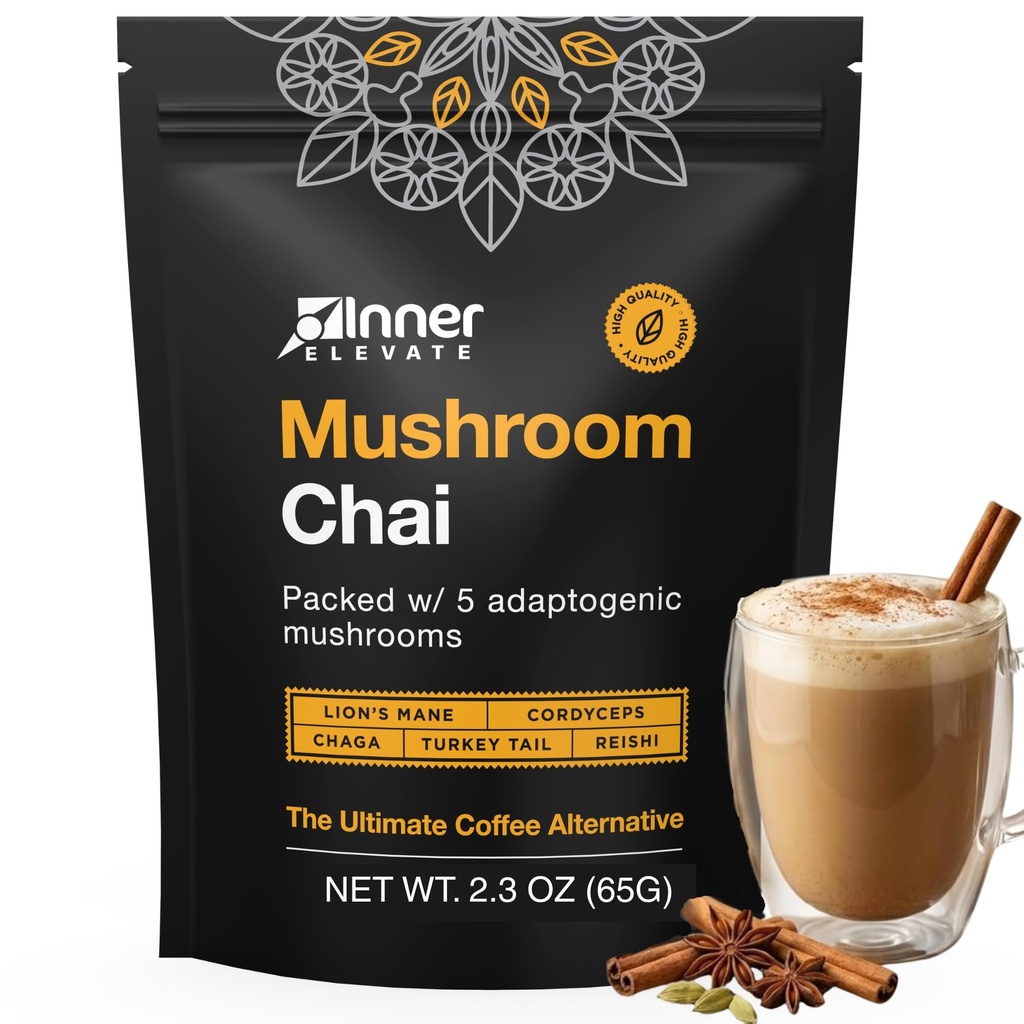 Inner Elevate Superfood Mushroom Chai - Ultimate Coffee Alternatíva - Adaptogénny nápoj z kaše čaju s Levou hrivou, Cordyceps, Chaga, Reishi, Turkey chvost (35 Servings)