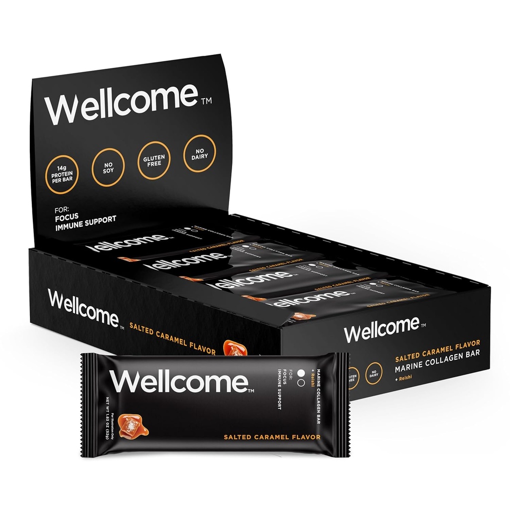 Wellcome Salted Caramel Marine Collagen Protein Bar s Reishi Mushrom For Energy and Immune Support - Adaptogénny Snack Bar - Dairy Free Health Bar for Functional Active Lifestyle (Pack of 12)