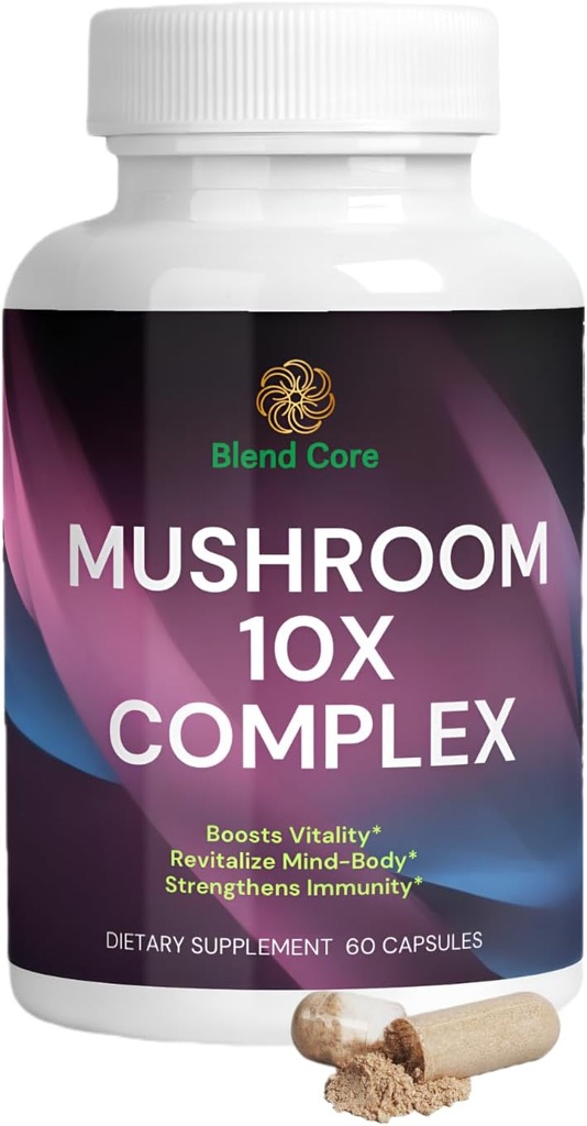 Huba 10X Complex - Lions Mane, Reishi a Cordyceps - Dodatok pre prírodnú energiu a úľavu od stresu - Immune Boost - Focus & Memory - Natural & Non-GMO