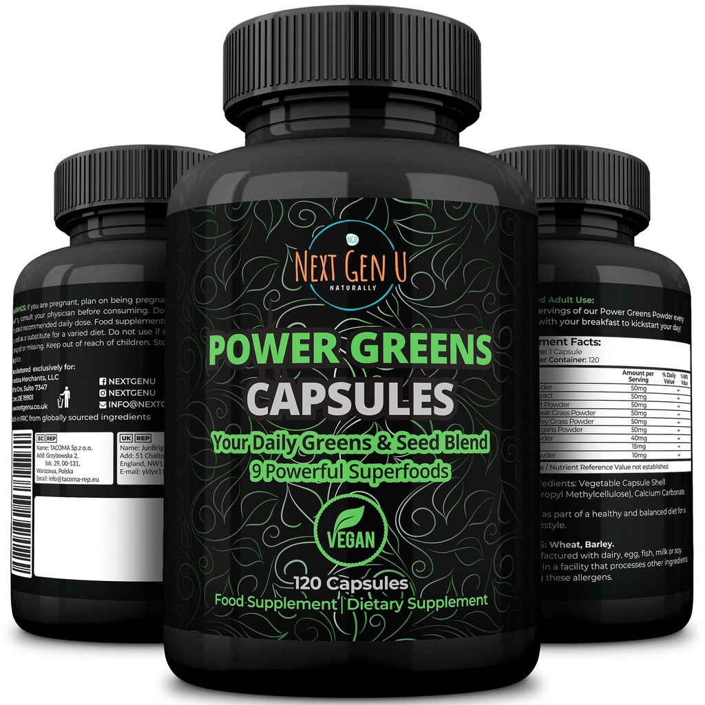 Super Greens - Immune System Support - 500 mg 120 Vegan Kapsule - Superfoods pre Daily Booster - Healthy Keto Blend with Acai, Wheatgrass, Guarana, Chlorella, Ľanové semeno, Matcha, Maca - by NextGenU