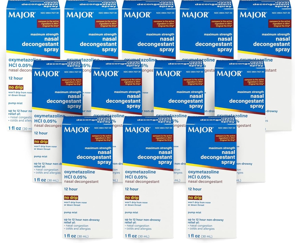 MAJOR Maximálna sila Nosový dekongestančný sprej, Oxymetazolín HCl 0,05% Pumpa Mist, Non-Drowsy nosový sprej, až 12-hodinová úľava od nosovej kongescie, chladu, a alergií 1 Fl. Oz. (12-Pack)