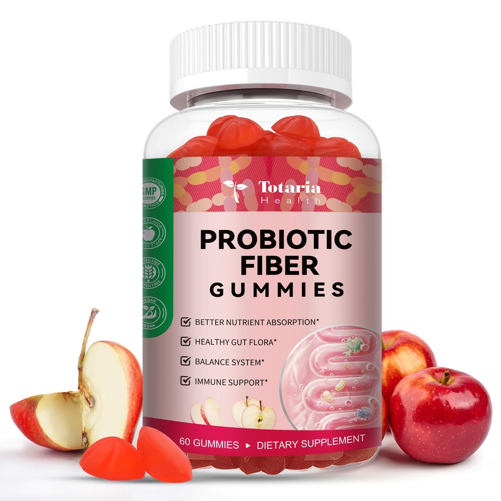 Totaria 9-in-1 Probiotické Fiber Gummies pre dospelých & Teens 16G Fiber per Serving, Psyllium Fiber Supplement with 5 Million CFU Bacillus Coagulans, Inulin, ACV for Digestive & Gut Wellness - 60 Gummies