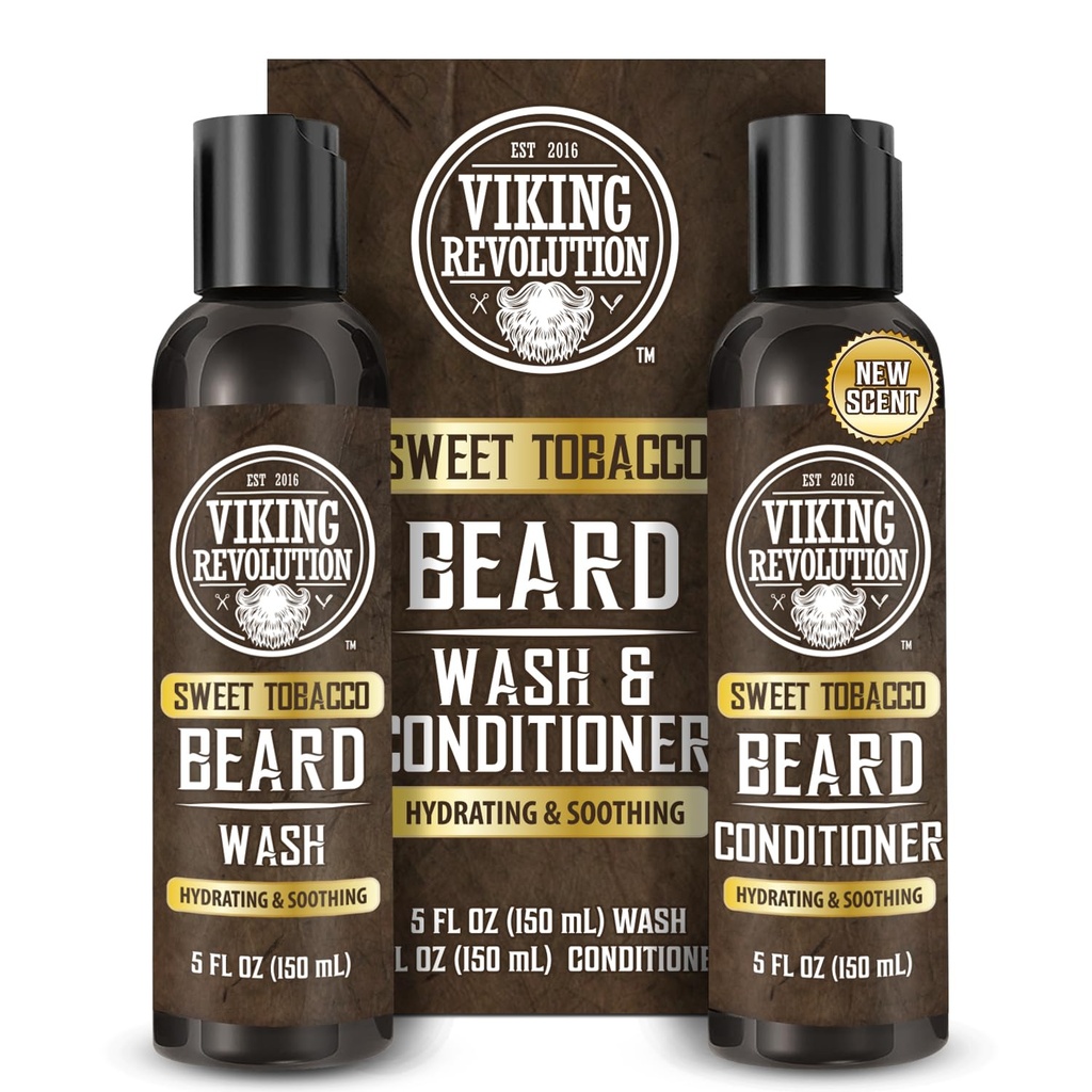 Viking Revolution Beard Wash and Beard Conditioner pre mužov s arganovým olejom a jojobovým olejom - zmäkčovač a spevňujúci medvedí šampón a kondicionér s medvedím olejom (5oz, sladký tabak)