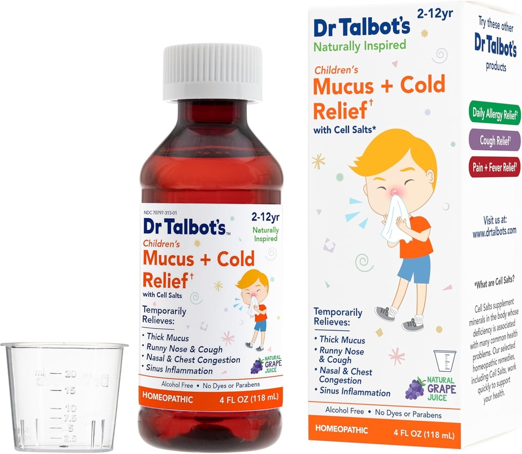 Mukula Dr. Talbot + studená úľava Liquid Medicine, prirodzene inšpirovaná, pre deti, zahŕňa dávkový pohár, prírodná hroznová šťava chuť, 4 Fl Oz