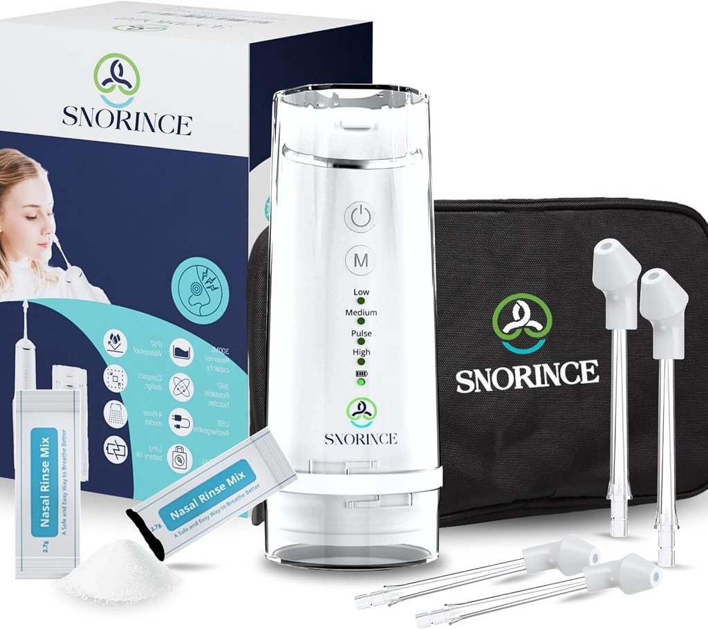 Systém zavlažovania nosa pre Sinus Relief - Prenosný bezdrôtový elektrický čistič Notov - Sinus Flush Kit pre dospelých a deti, Home & Travel with 4 Rinse Modes, 4 trysky, 40 soľných balíčkov