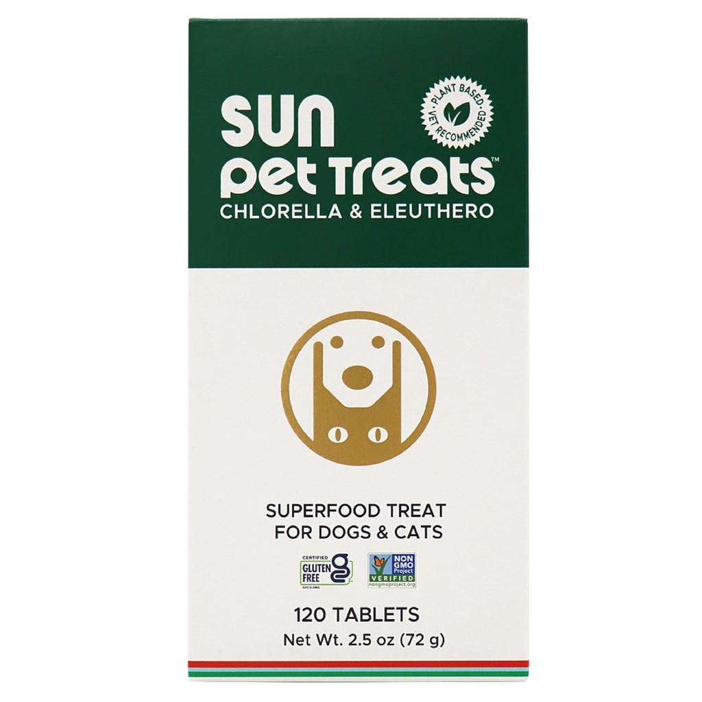 Sun Chlórella Sun Pet Treats Green Superfood Cat & Pes Supplement - Chlorofyl Eleuthero & Lecithin, Minerály, Antioxidanty a vitamíny pre psy a mačky - Immune Defense, Skin & Gut Health - 120 Bites