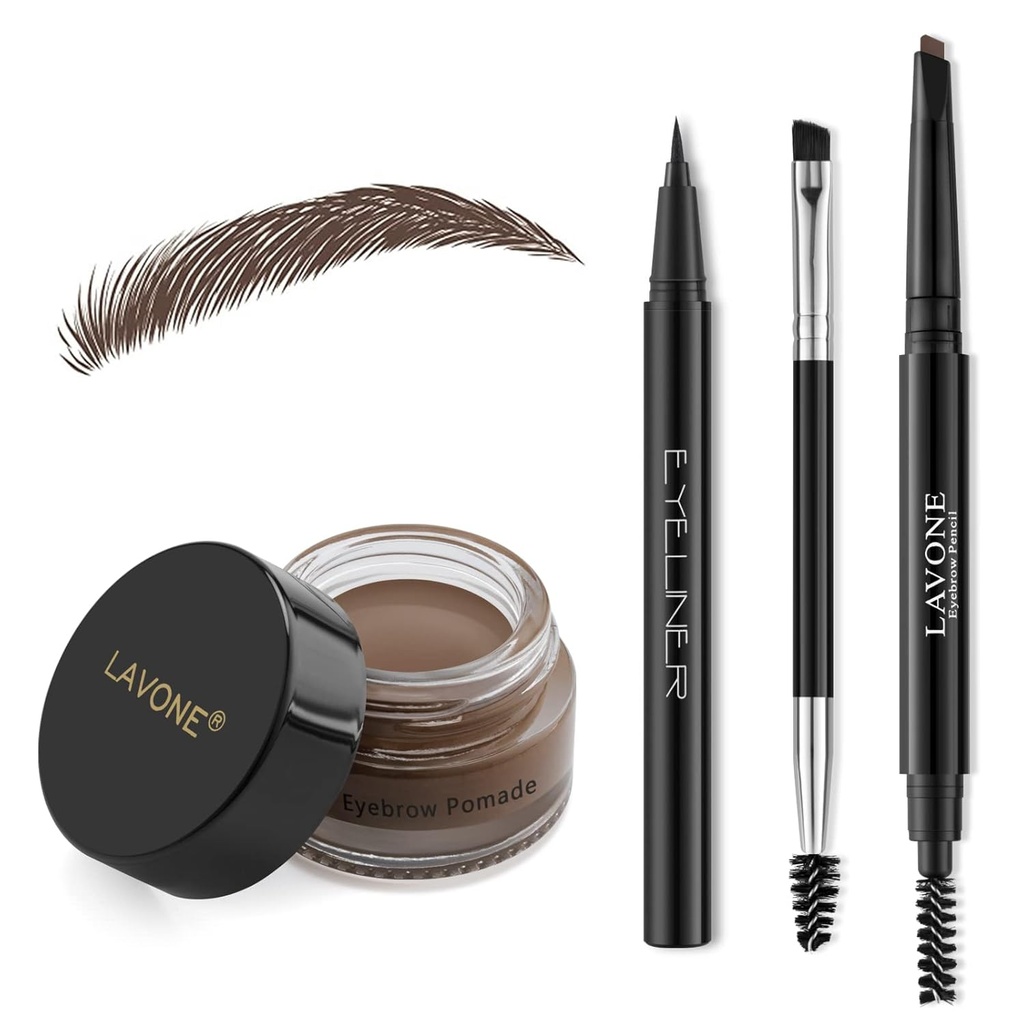LAVONE make-up súprava s obočím pečiatkou, nepremokavé obočie ceruzka a umelé, očné linky, dvojité obočie kefka, tmavo hnedá
