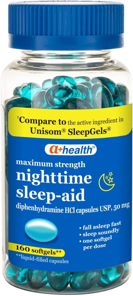 A+Health Nighttime Sleep Aid Difenhydramín 50mg Softgels, Maximálna sila, 160 Počet
