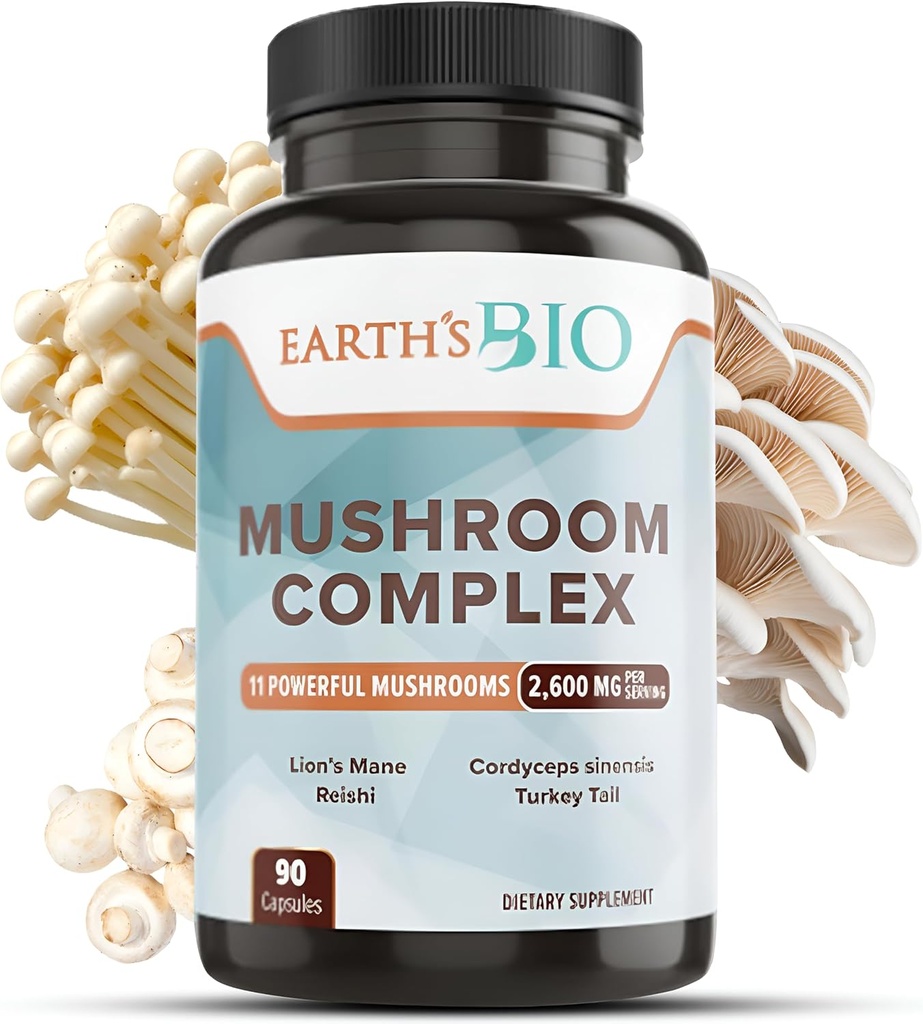 Earth's Bio Mushroom Supplement Complex 2 600 mg per Serving, 90 Caps, s organickým Lion's Mane Mushroom, Turkey Tail, Enoki Agaricus, White Button & Oyster Mushroom - Pamäť a imunitná podpora