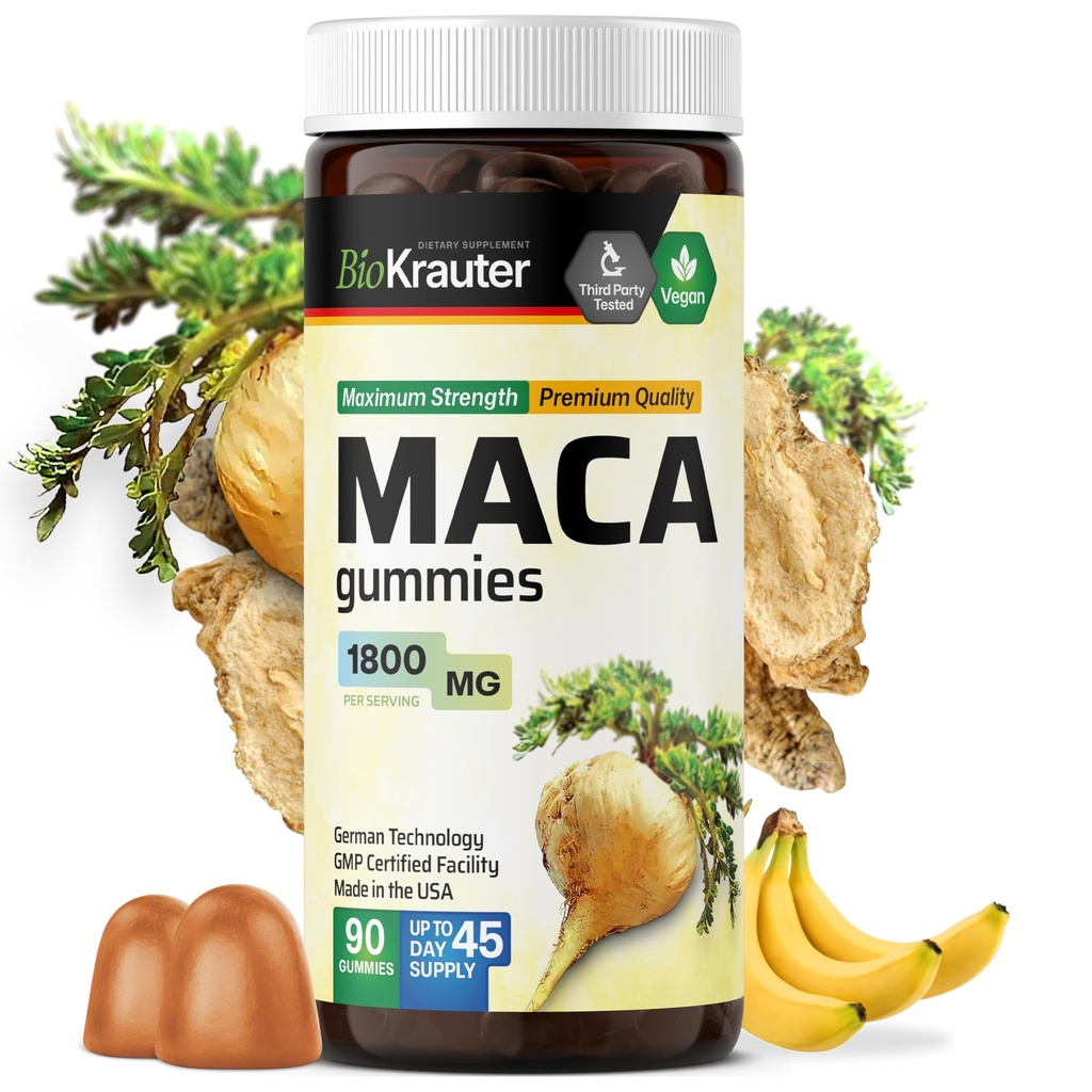 Maca Root Gummies - 1800 mg Sila - 90 Vegan Žuvačky - Prírodná podpora pre ženy a mužov - Peruánska Maca Root Supplement - Banana Chute