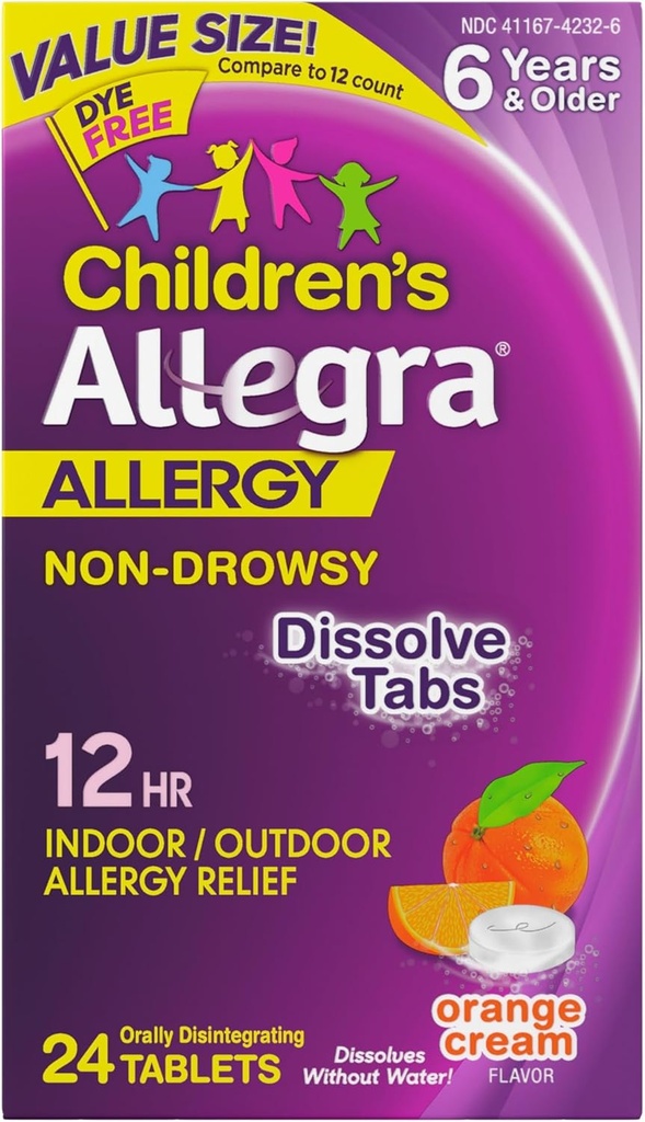 Allegra Detská 12-hodinová alergia Úľava na perorálne rozpustené tablety, nedrvivá indoorová a vonkajšia alergia, 30 mg Fexofenadínu HCI Antihistaminika pre deti, Orange Cream Flavor, 24-Count