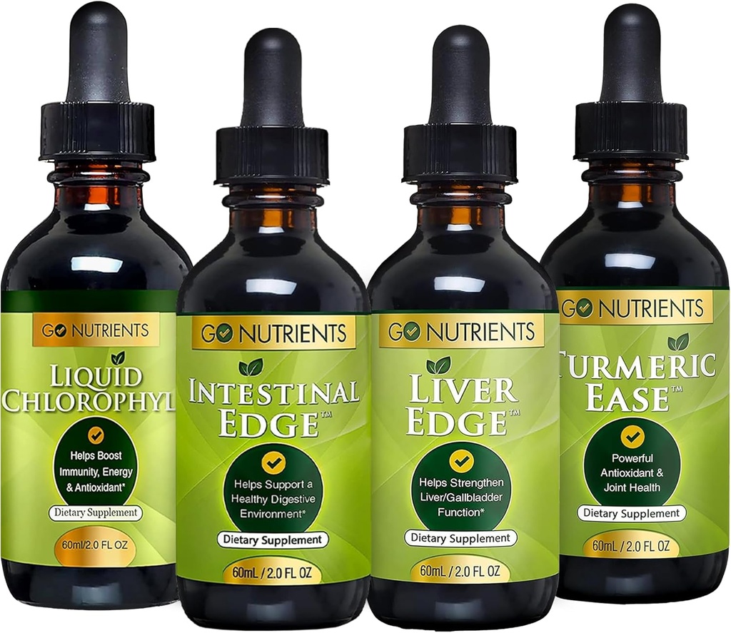 Go Nutrients Digestion & Detox Bundle – Liquid Chlorophyll, Liver Edge, Intestinal Edge, Turmeric Ease – Supports Cleansing, Digestion, Liver Health, and Body Defense, Revitalize Skin &Vitality