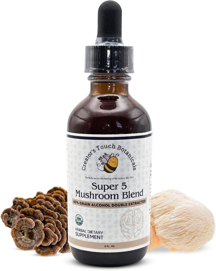 Tvorcov dotyk Botaniky, Super 5, Huby Mušroom, Blend 2 fl oz s Reishi, Turkey chvost, Lions Mane, Chaga a Maitake Huby pre imunitnú podporu. Double Extracted, Macerated.