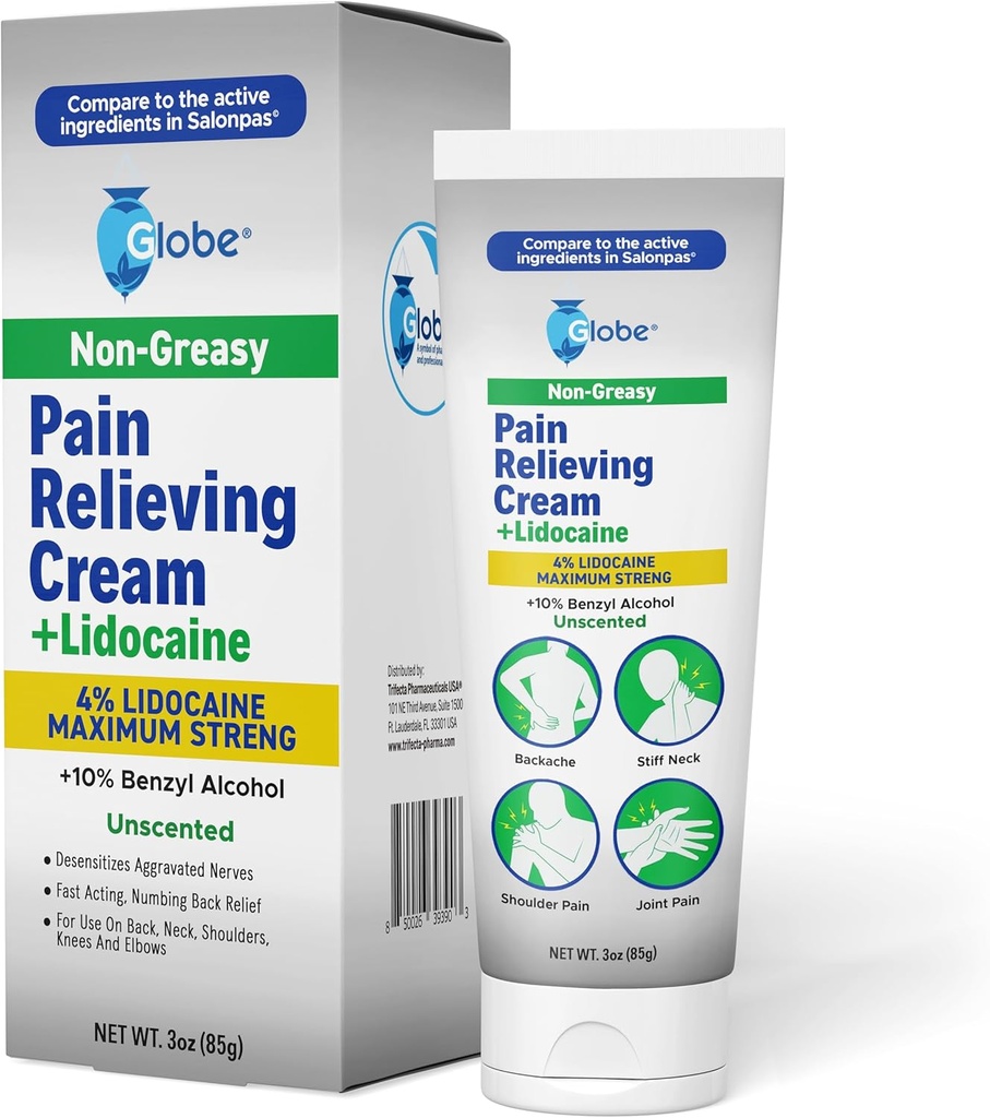Globe Bolesť Relieving Cream Plus 4% Lidokaín, Maximálna sila Numbing Relief, Fast Acting Topical Therapy for Muscle Aches, Joint Pain, Backache, Bolesť krku, Bolestivosť, Sprains & Spasms, Nevoňavé, 3oz