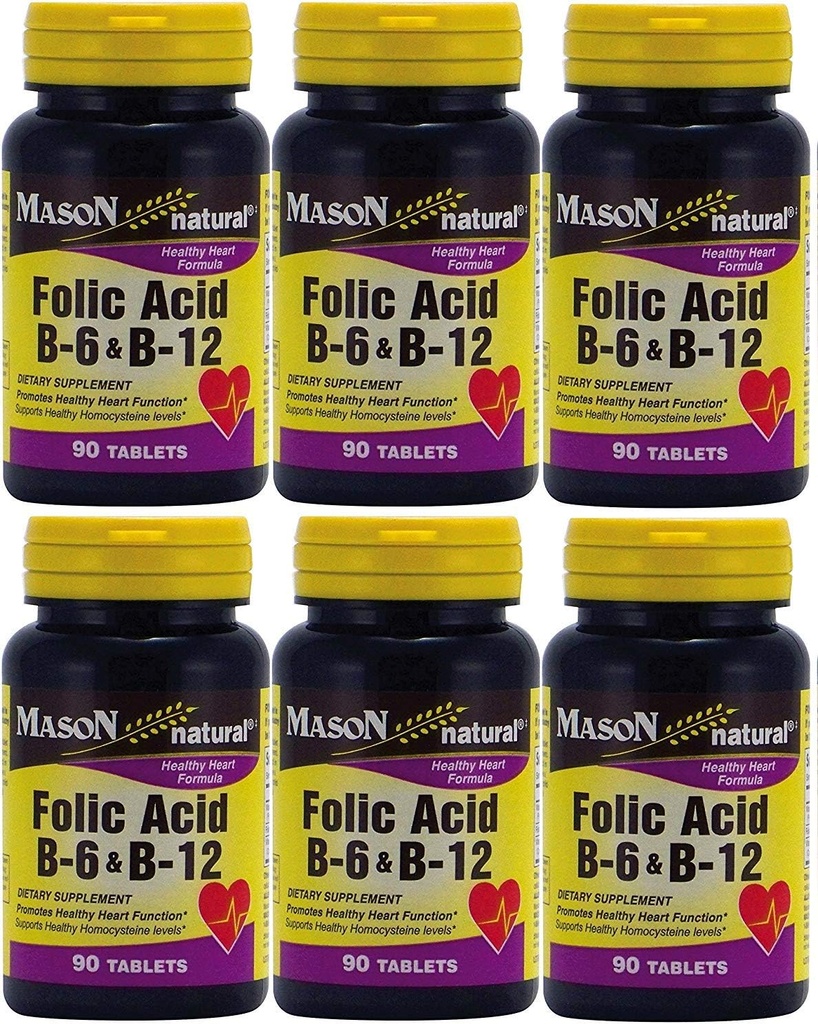 Mason Vitamíny Kyselina listová B-6 & B12 Heart Health Formula 90 tabliet na fľašu Balenie 6 Celkom 540 tabliet