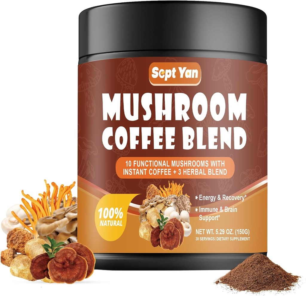 Hubová káva s 10 hubami, Kolumbijský instantný kávový prášok s Levou hrivou, Reishi, Chaga, Cordyceps, Shiitake, Maitake, Turkey Tail - Mušroom Supplement for Energy, Focus, Immune Support