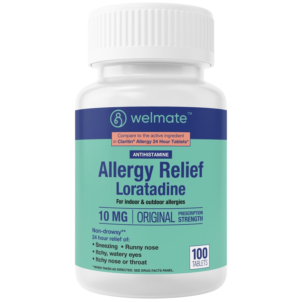 WELMATE - Alergická úľava - Loratadín 10 mg - 24 hodinová úľava Antihistaminikum - Nedúchavé - Runny Nos - Kýchanie - Svrbiaci nos a hrdlo - Vodnaté oči - Vnútorné a vonkajšie alergie lieky - 100 Počet