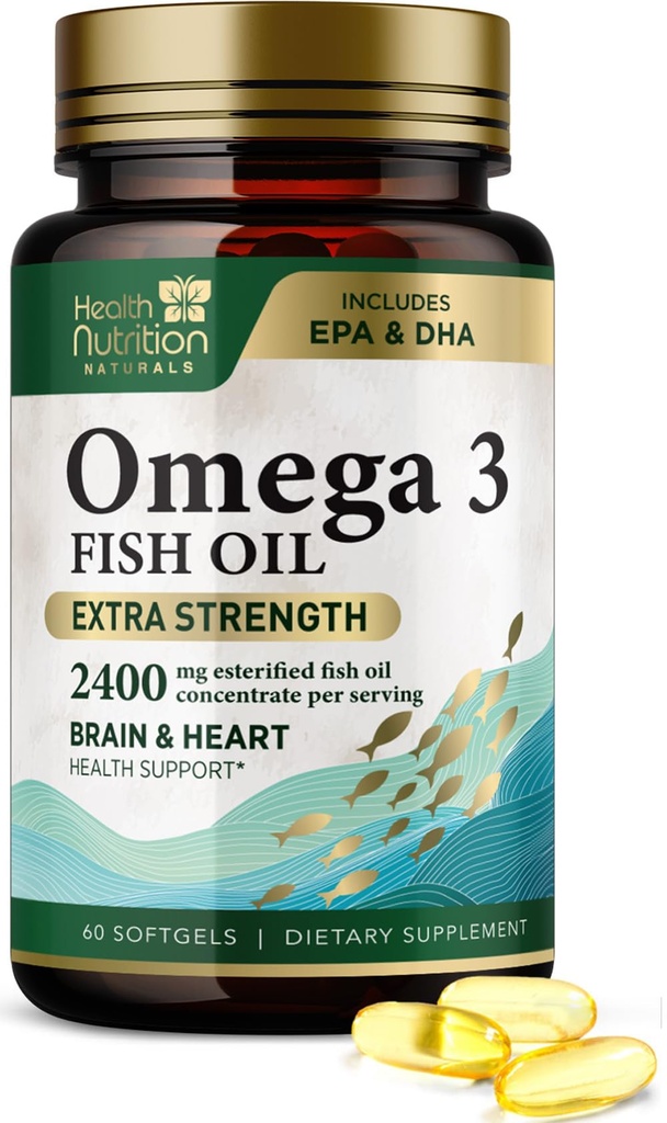 Omega 3 Fish Oil Supplements - 2400mg Fish Oil Per Serving - Triple Strength Omega-3 with EPA & DHA Fatty Acids - Natural Heart, Brain & Immune Support - Wild Caught, Bottled in USA - 60 Softgels