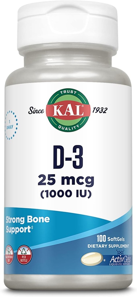 KAL vitamín D3 1000 IU softgely (25 μg), aktívna forma vitamínu D, vstrebávanie vápnika, zdravie kostí, Imunitná podpora doplnok, Tekutý naplnený aktivGel, vyrobený bez sóje, 100 porcií, 100 softgelov